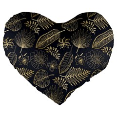 Elegant Pattern With Golden Tropical Leaves Large 19  Premium Flano Heart Shape Cushions by BangZart