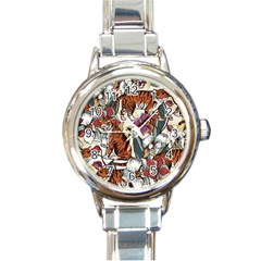 Natural Seamless Pattern With Tiger Blooming Orchid Round Italian Charm Watch by BangZart