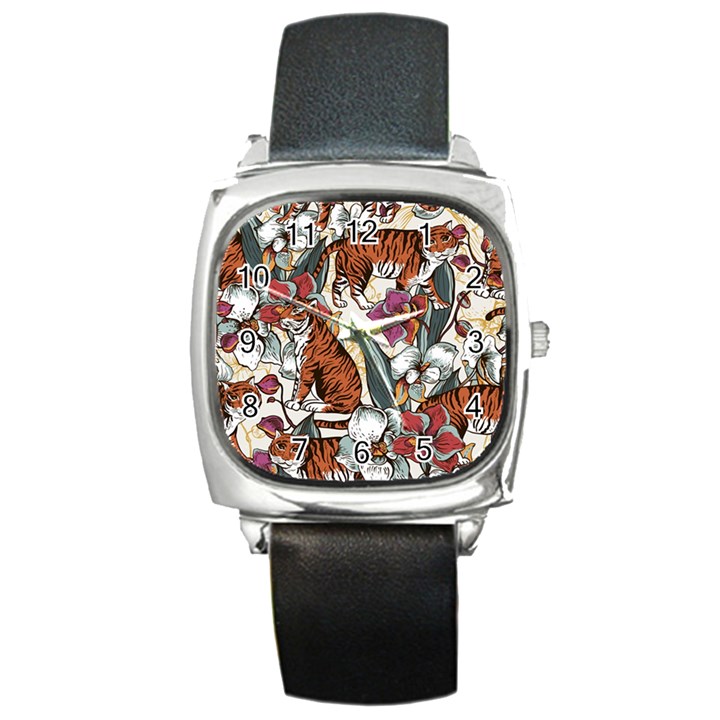 Natural seamless pattern with tiger blooming orchid Square Metal Watch