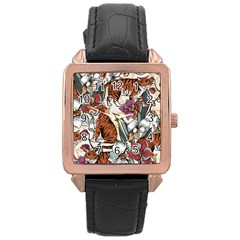 Natural Seamless Pattern With Tiger Blooming Orchid Rose Gold Leather Watch  by BangZart