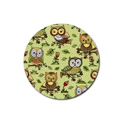 Seamless Pattern With Flowers Owls Rubber Round Coaster (4 Pack)  by BangZart