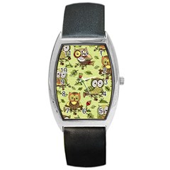 Seamless Pattern With Flowers Owls Barrel Style Metal Watch by BangZart