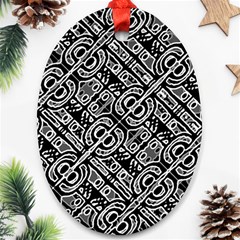 Linear Black And White Ethnic Print Oval Ornament (two Sides)