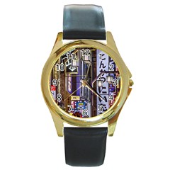 Shinjuku District Urban Night Scene, Tokyo Japan Round Gold Metal Watch by dflcprintsclothing