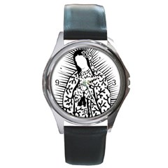 Guadalupe Dressed In Joshua Trees Round Leather Watch (silver Rim) by JoshuaTreeClothingCo