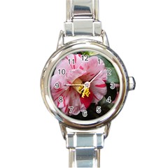 Striped Pink Camellia Ii Round Italian Charm Watch by okhismakingart