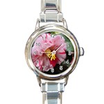 Striped Pink Camellia II Round Italian Charm Watch Front