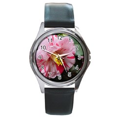 Striped Pink Camellia Ii Round Metal Watch by okhismakingart