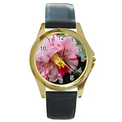 Striped Pink Camellia Ii Round Gold Metal Watch