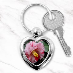 Striped Pink Camellia Ii Key Chain (heart) by okhismakingart