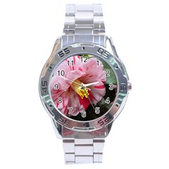 Striped Pink Camellia Ii Stainless Steel Analogue Watch by okhismakingart