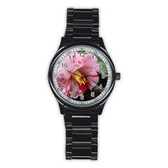 Striped Pink Camellia Ii Stainless Steel Round Watch by okhismakingart