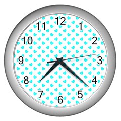 White Light Blue Hearts Pattern, Pastel Sky Blue Color Wall Clock (silver) by Casemiro