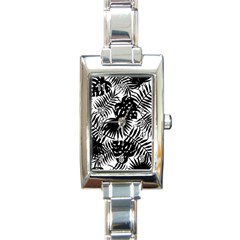 Black And White Tropical Leafs Pattern, Vector Image Rectangle Italian Charm Watch by Casemiro