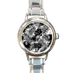 Black And White Tropical Leafs Pattern, Vector Image Round Italian Charm Watch by Casemiro