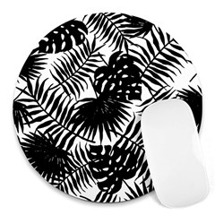 Black And White Tropical Leafs Pattern, Vector Image Round Mousepads by Casemiro