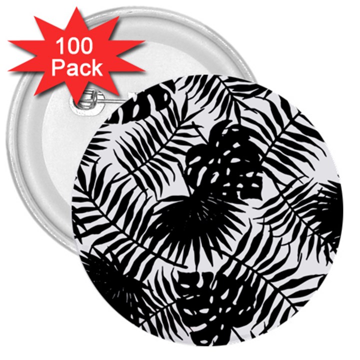 Black and white tropical leafs pattern, vector image 3  Buttons (100 pack) 