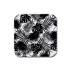 Black And White Tropical Leafs Pattern, Vector Image Rubber Square Coaster (4 Pack)  by Casemiro