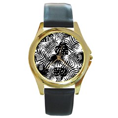 Black And White Tropical Leafs Pattern, Vector Image Round Gold Metal Watch by Casemiro