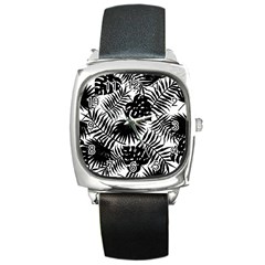 Black And White Tropical Leafs Pattern, Vector Image Square Metal Watch by Casemiro