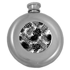 Black And White Tropical Leafs Pattern, Vector Image Round Hip Flask (5 Oz) by Casemiro