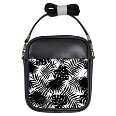 Black And White Tropical Leafs Pattern, Vector Image Girls Sling Bag by Casemiro