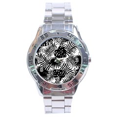 Black And White Tropical Leafs Pattern, Vector Image Stainless Steel Analogue Watch by Casemiro