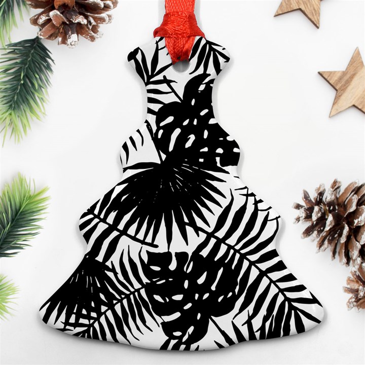 Black and white tropical leafs pattern, vector image Ornament (Christmas Tree) 