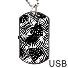 Black And White Tropical Leafs Pattern, Vector Image Dog Tag Usb Flash (one Side)