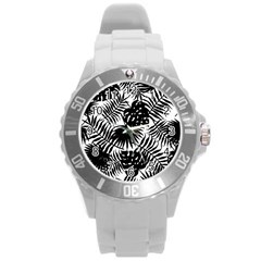 Black And White Tropical Leafs Pattern, Vector Image Round Plastic Sport Watch (l) by Casemiro