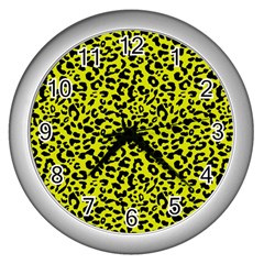 Leopard Spots Pattern, Yellow And Black Animal Fur Print, Wild Cat Theme Wall Clock (silver) by Casemiro