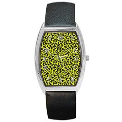 Leopard Spots Pattern, Yellow And Black Animal Fur Print, Wild Cat Theme Barrel Style Metal Watch by Casemiro