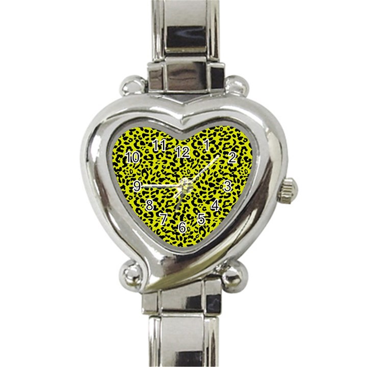 Leopard spots pattern, yellow and black animal fur print, wild cat theme Heart Italian Charm Watch