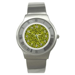 Leopard Spots Pattern, Yellow And Black Animal Fur Print, Wild Cat Theme Stainless Steel Watch by Casemiro