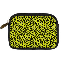 Leopard Spots Pattern, Yellow And Black Animal Fur Print, Wild Cat Theme Digital Camera Leather Case by Casemiro