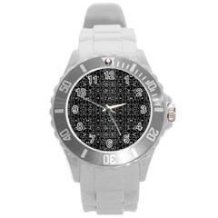 Black And White Ethnic Ornate Pattern Round Plastic Sport Watch (l) by dflcprintsclothing