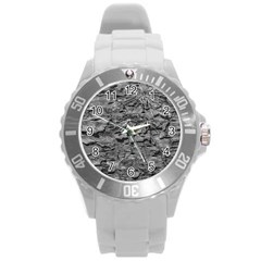 Black And White Texture Print Round Plastic Sport Watch (l) by dflcprintsclothing