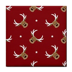 Cute Reindeer Head With Star Red Background Tile Coaster by BangZart