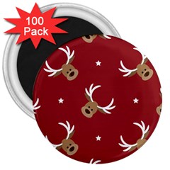 Cute Reindeer Head With Star Red Background 3  Magnets (100 Pack) by BangZart