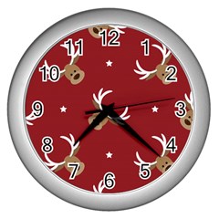 Cute Reindeer Head With Star Red Background Wall Clock (silver) by BangZart