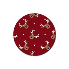 Cute Reindeer Head With Star Red Background Rubber Round Coaster (4 Pack)  by BangZart