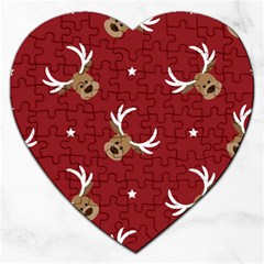 Cute Reindeer Head With Star Red Background Jigsaw Puzzle (heart) by BangZart