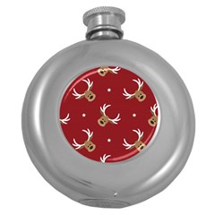 Cute Reindeer Head With Star Red Background Round Hip Flask (5 Oz) by BangZart