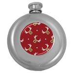 Cute reindeer head with star red background Round Hip Flask (5 oz) Front