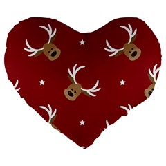 Cute Reindeer Head With Star Red Background Large 19  Premium Heart Shape Cushions by BangZart