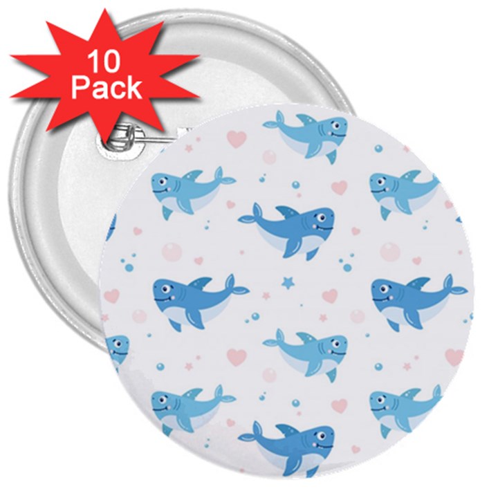 Seamless pattern with cute sharks hearts 3  Buttons (10 pack) 