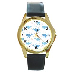 Seamless Pattern With Cute Sharks Hearts Round Gold Metal Watch by BangZart