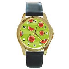 Seamless Background With Watermelon Slices Round Gold Metal Watch by BangZart