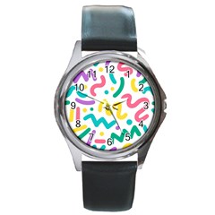 Abstract Pop Art Seamless Pattern Cute Background Memphis Style Round Metal Watch by BangZart