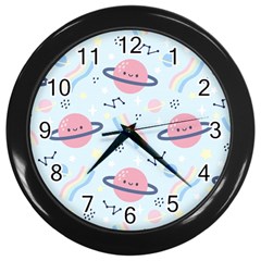 Cute Planet Space Seamless Pattern Background Wall Clock (black) by BangZart